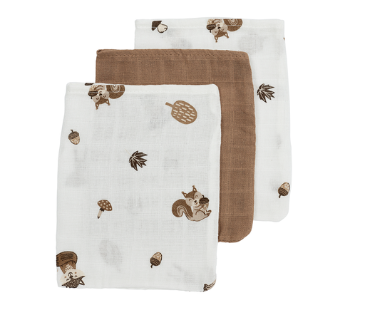 [472353] WASHANDJE, Forest Animals toffee, bruin/ ecru, all over print bosdieren/uni, tetra, 3 stuks