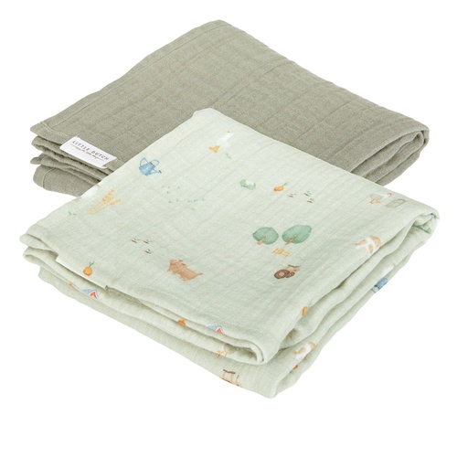 [469911] TETRA DOEK, 70x70cm, Swaddle, little farm, groen/ecru, boerderijdieren, deken/wikkeldeken, 2 stuks