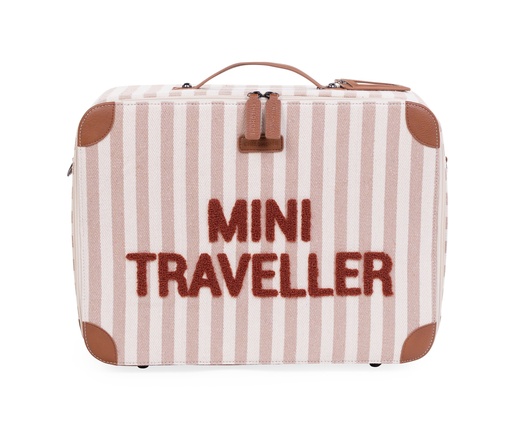 [481076] REISKOFFER, Mini Traveller, nude/terracotta, aop strepen, Mini Traveller, met handvat, met schouderriem, met naamlabel 