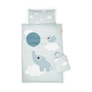 [478076] DONSOVERTREK, 100x140, Bedlinen Elphee, blue, print olifant/print vogel - uni, katoen, +sloop, vr babybed, 2024