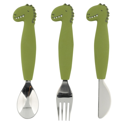 [485556] LEPEL| VORK| MES, 3 delig, Dino mealtime cutlery set 3 pack, groen, kop dino, vanaf 4 m