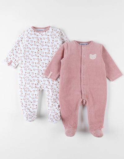 Noukies | Pyjama Lovely Cat Velours Beer/All Over Hartjes Rose/Wit 2-pack