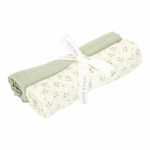 [538219] Little Dutch | Tetra Doek Blueberry Leaves Swaddle Doek 70x70 Groen/Blaadjes