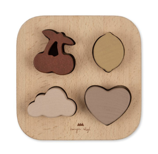 [459974] PUZZEL, Puzzle Heart, nature, hout, bruin/roze, uni, met 4 puzzelblokjes: kers, citroen, wolk en hartje