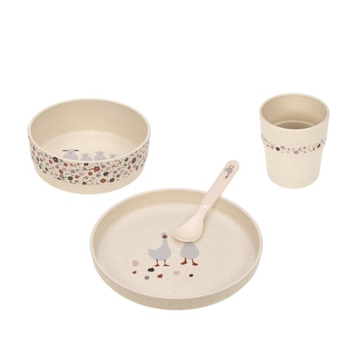 [400483] EETSET, Tiny Farmer Sheep/Goose nature, Dish Set, ecru, PP/Cellulose, 4 delig: plat bord, kom, lepel, drinkbeker