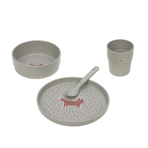 [425117] EETSET, Dish Set, Little Forest Fox, PP/Cellulose, 4 delig: plat bord, kom, lepel, drinkbeker, 2021