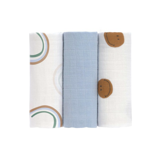 [474195] TETRA DOEK, 60x60cm, M, Happy Rascals Smile, sky blue, Swaddle & Burp Blanket handdoek/luierdoek, 3 stuk(s), 2023