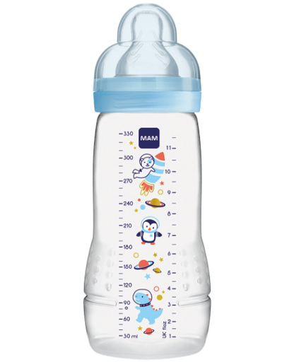 [438055] BREEDHALSFLES, PP, 330 ml, Baby Bottle, boy, blauw/transp, silic. speen, 4m+, 1 stuk(s), Easy Active, fles, 2023/2024