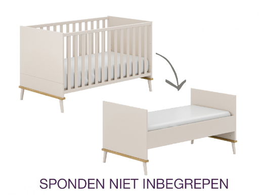 [477591] BED, 70x140, omvb, Hazel, cashmere beige - oak montana imitation, spaanderplaat, babybed omvb tot juniorbed, incl bodem