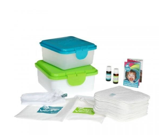 [479350] ALL-IN-ONE KIT BIO, Box blue/green - Wipes rainbow, 25 bio katoen doekjes/ 2 boxen/2 olieen/2 zakjes/1 waszakje