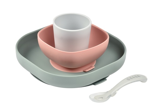 [410850] EETSET, eucalyptus, wit/roze/groen, uni, silicone, 4 delig: plat bord, kom, lepel, drinkbeker, 2020