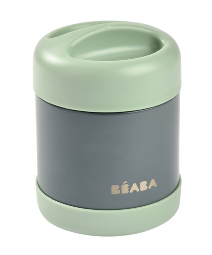 [468702] THERMOSFLES, 300ml, mineral grey/sage green, Thermo Portion, uni/print tekst Béaba, 5u warm/7u koud