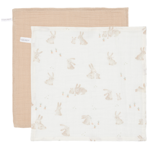 [469782] TETRA DOEK, 25x25cm, Newborn Naturals, baby bunny/beige, wit/ecru, uni/all over print konijntjes, monddoekje, 2 stuks