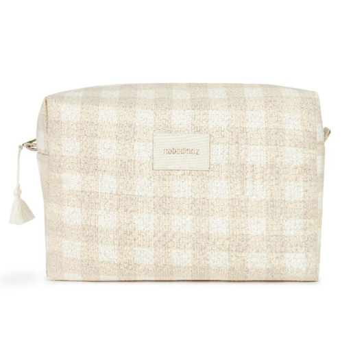 [469808] TOILETTAS, Diva Vanity Case, ivory checks, bruin/ecru, aop ruit, 26x16x 10cm, biologisch katoen, ritssluiting